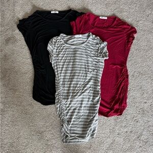 Women’s Ruched Side Maternity Shirt - Black, Burgundy & Gray Stripe